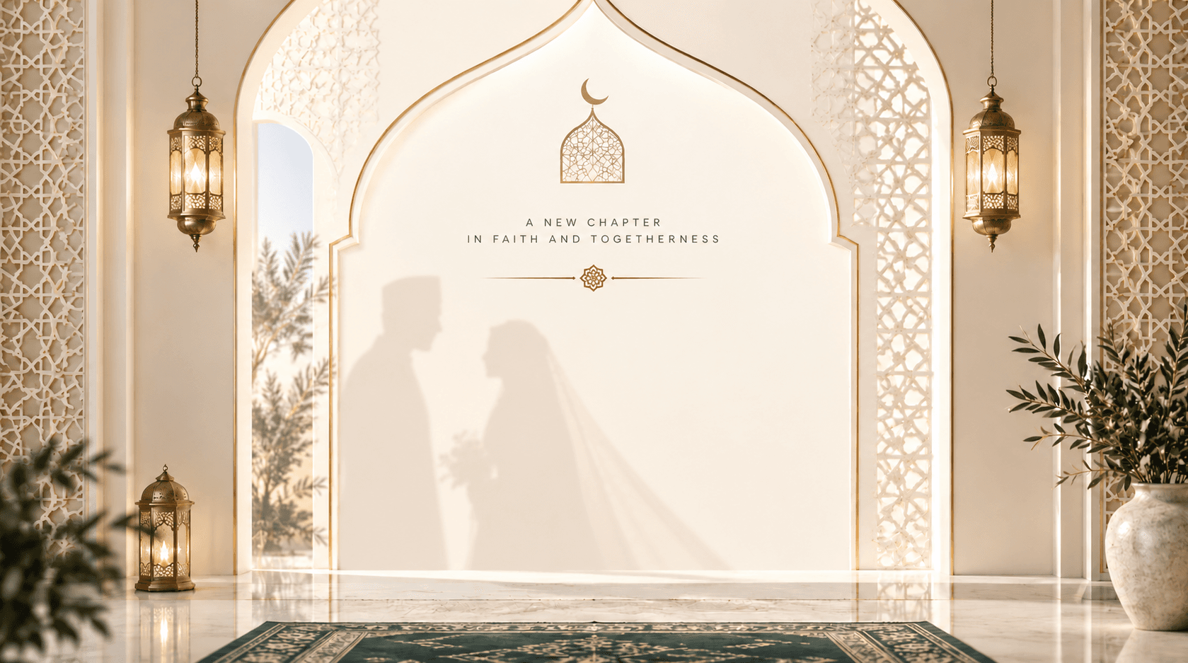 Elegant Islamic wedding arch with lanterns and a couple silhouette